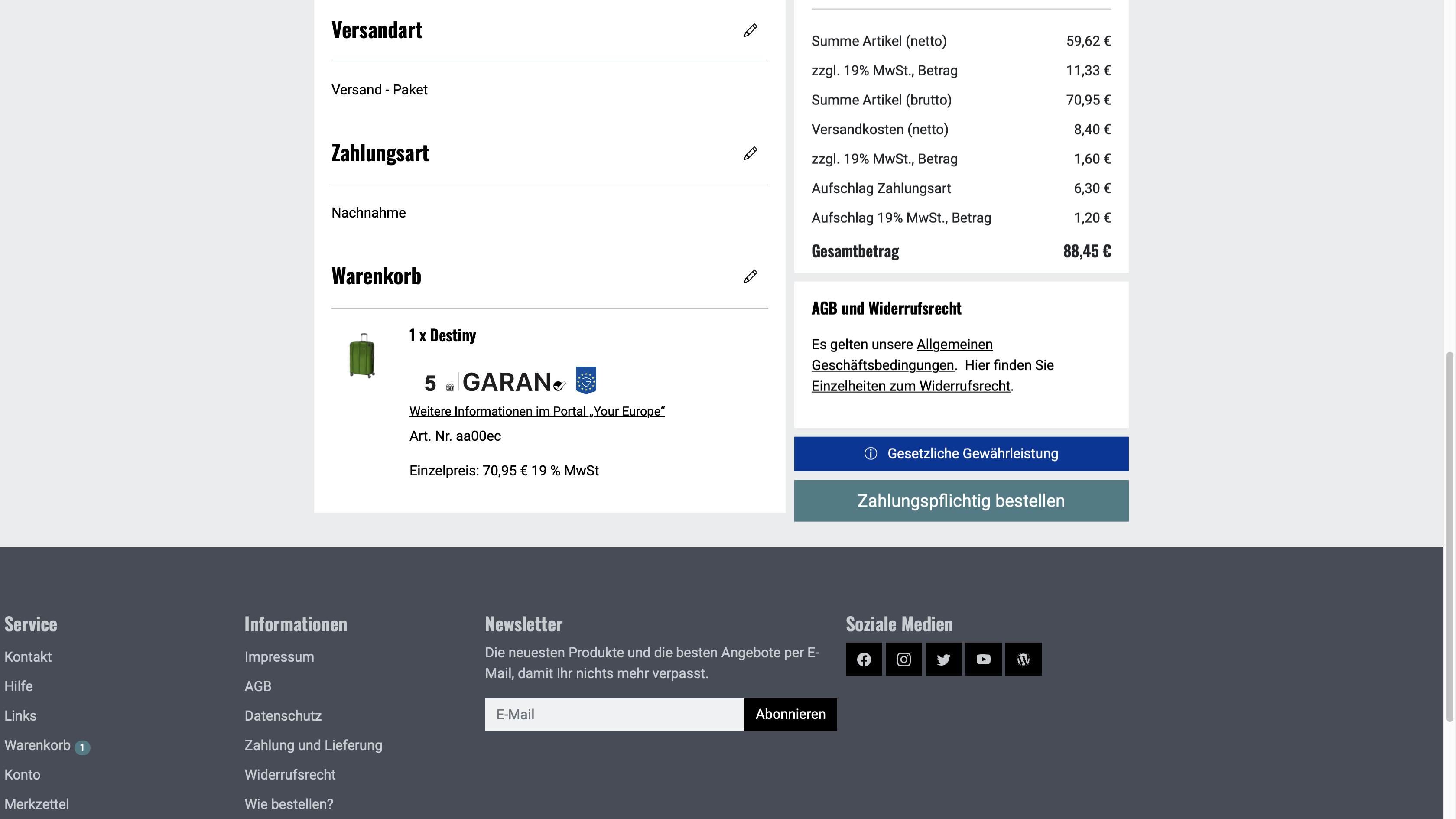 Checkout-Bestellübersicht mit Gewährleistungshinweis vor dem Bestellbutton