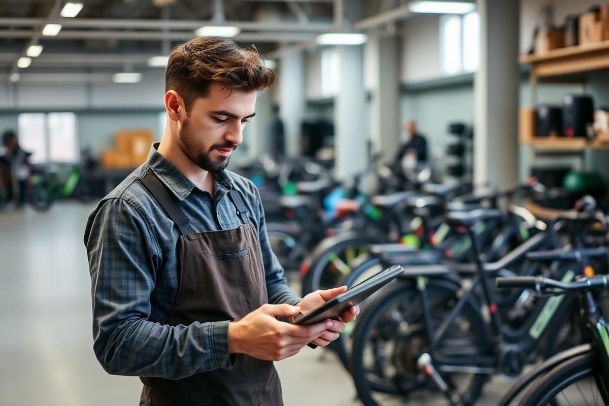 Werkstattmitarbeiter prüft Fahrradbestände digital auf einem Tablet