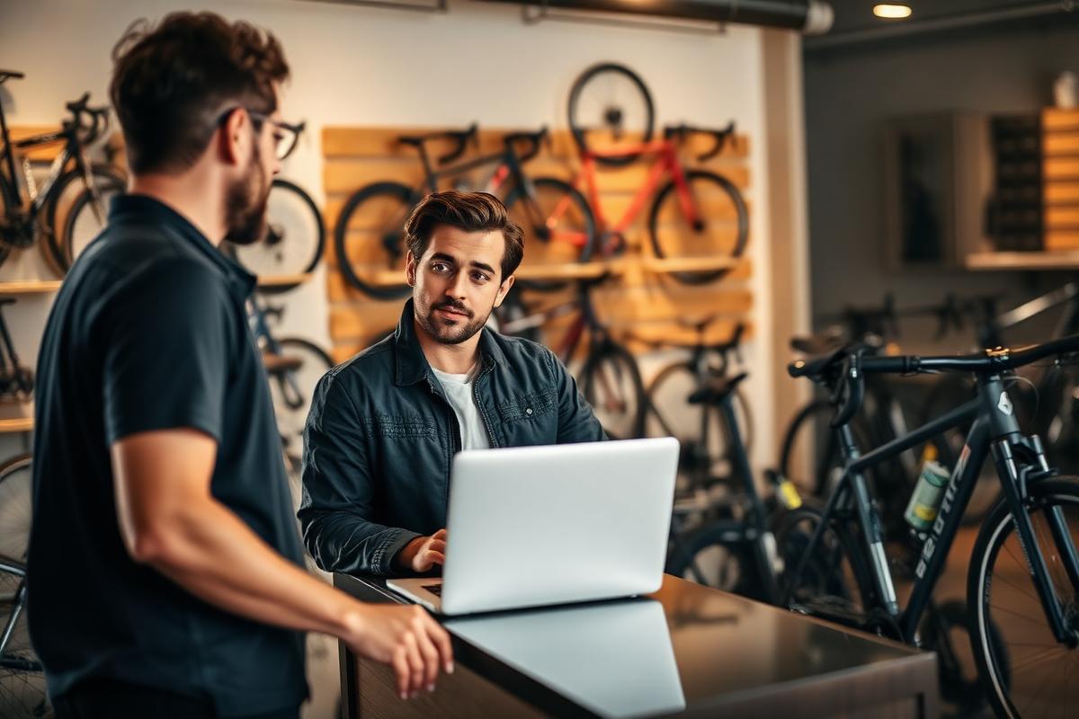 Beratungssituation im Fahrradfachgeschäft mit Laptop am Verkaufstresen