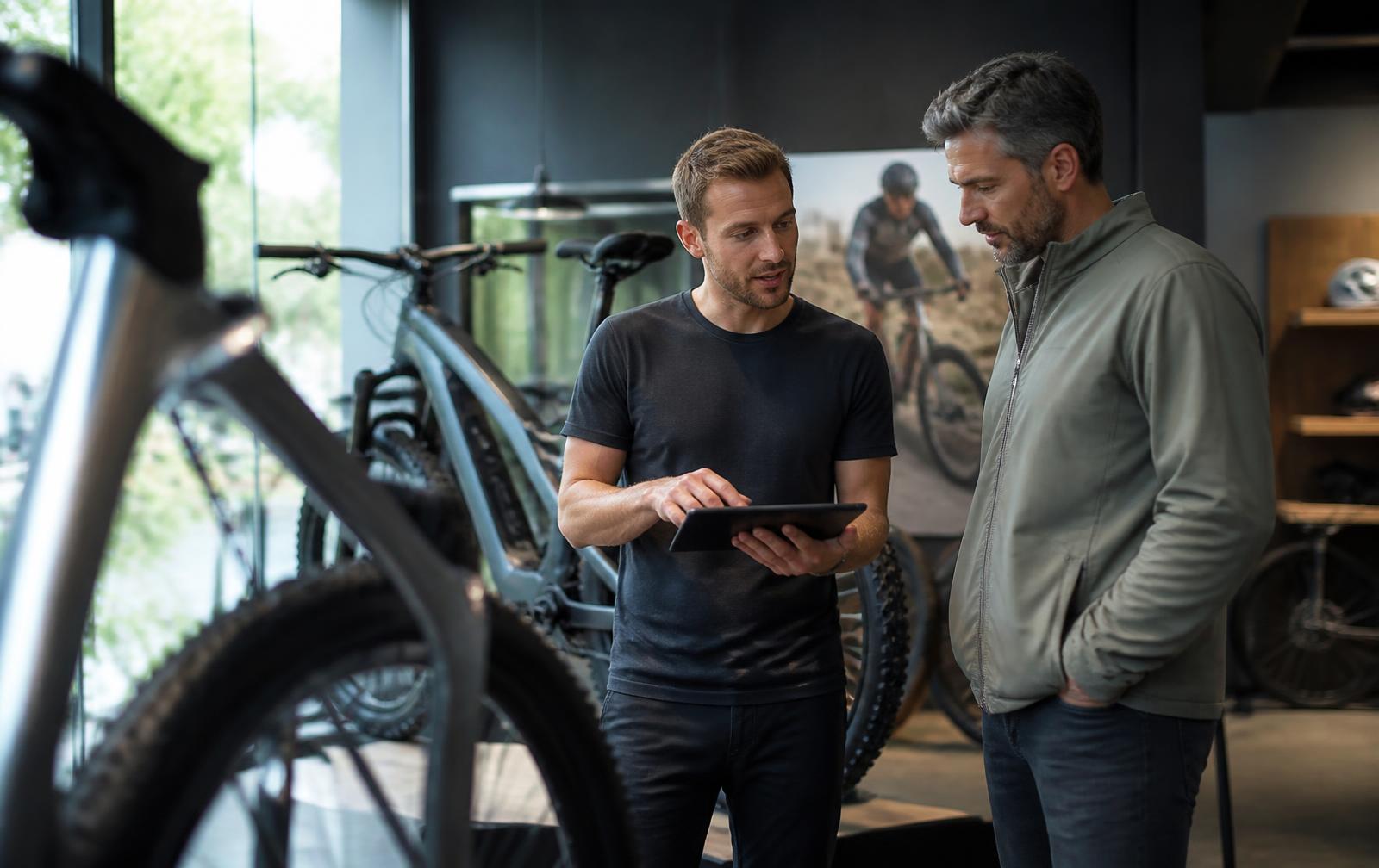 Beratungsgespräch mit Tablet in einem modernen Fahrradfachgeschäft