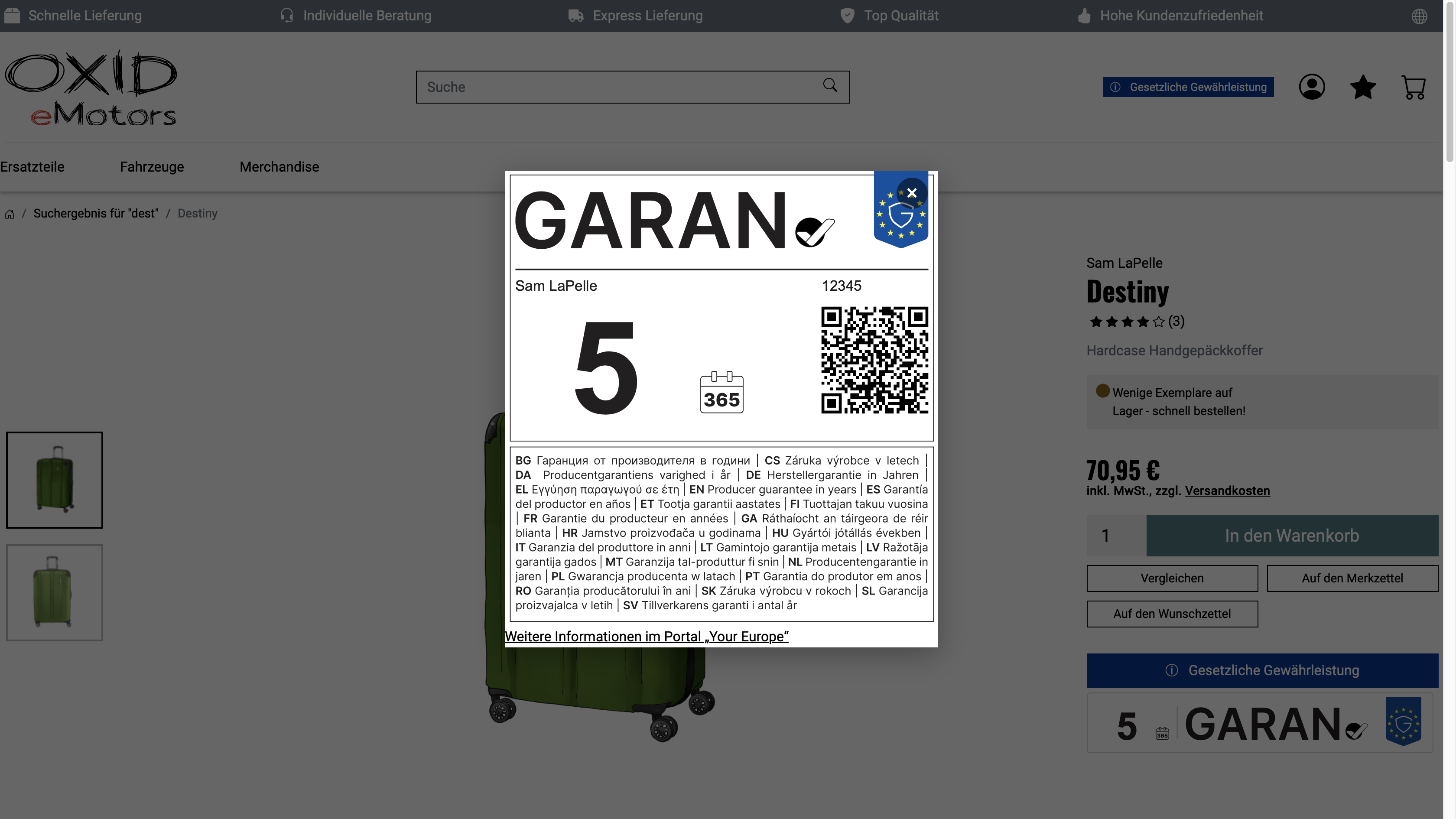 Geöffnetes GARAN-Label mit Marke, Modell und Laufzeit