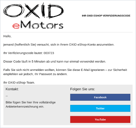 Gerenderte E-Mail mit Bestätigungscode aus Kundensicht