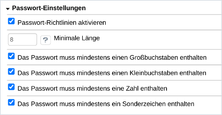 Einstellungen der Passwortrichtlinie mit Mindestlänge und Zeichenklassen