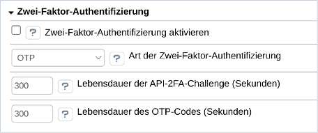 Einstellungen der Zwei-Faktor-Authentifizierung mit Hauptschalter und Gültigkeitsdauern
