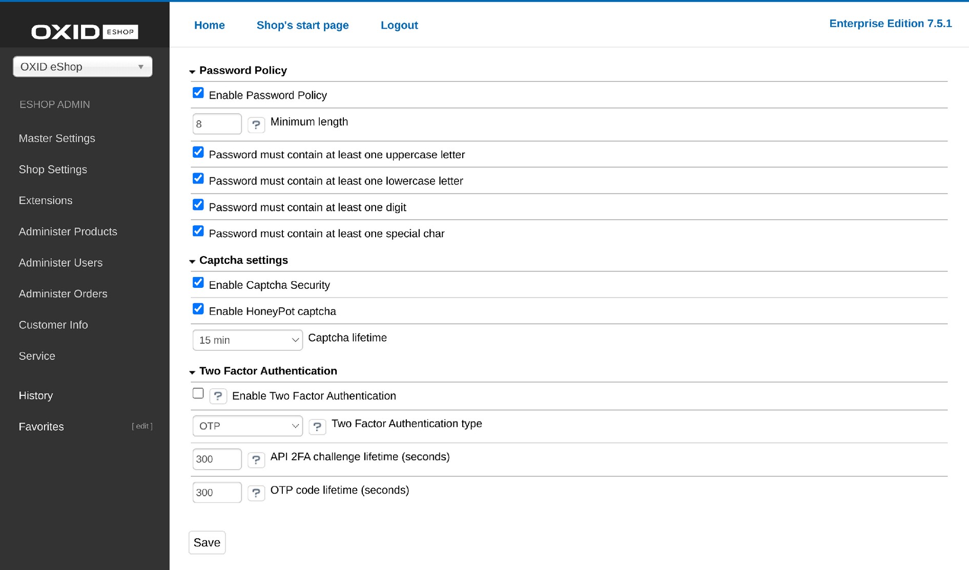 OXID Security Module settings in the shop administration