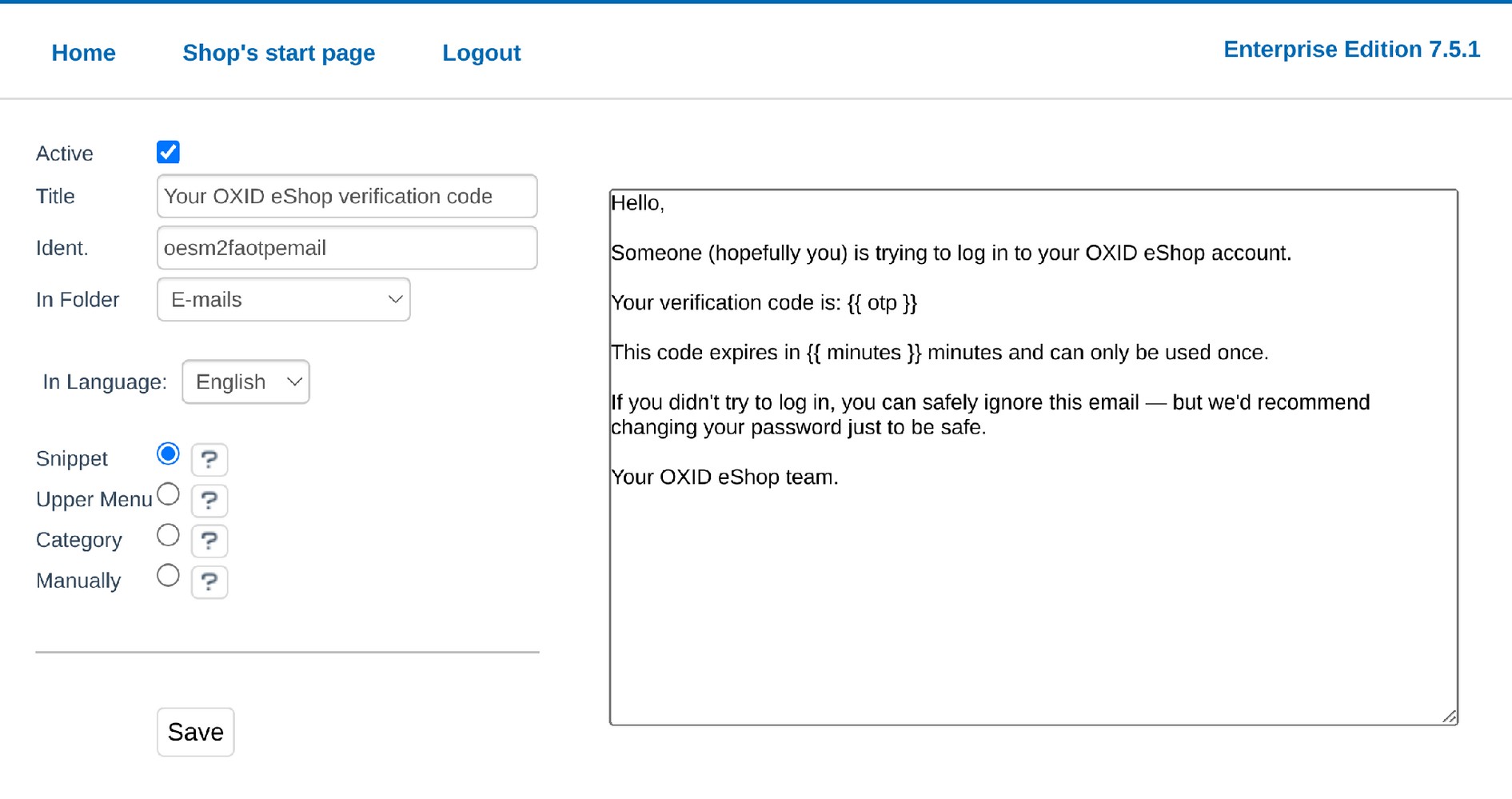 CMS content item for the verification code email