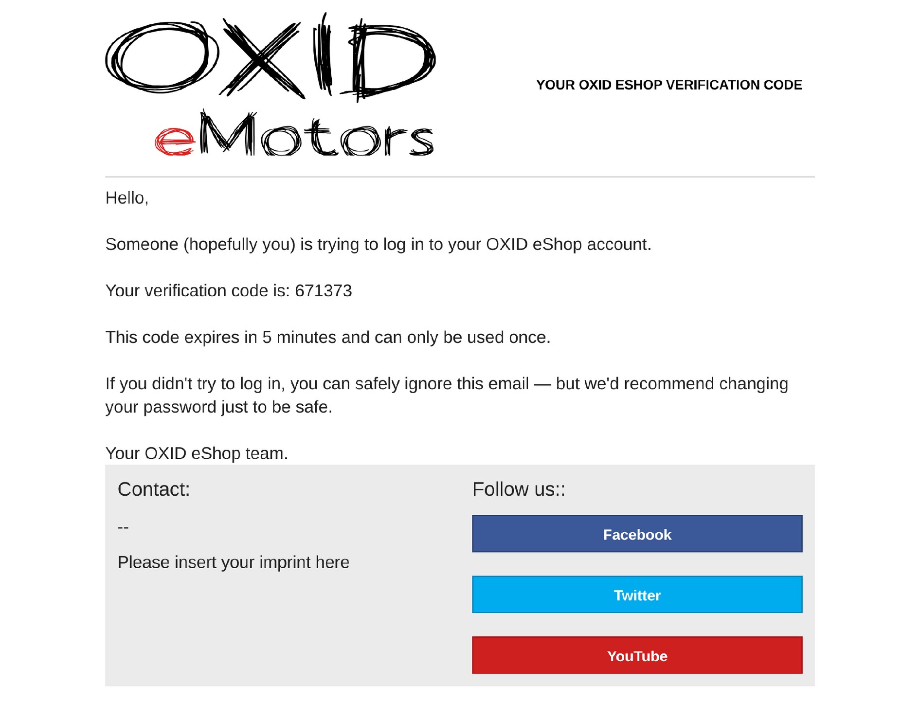 Rendered verification code email as the customer receives it