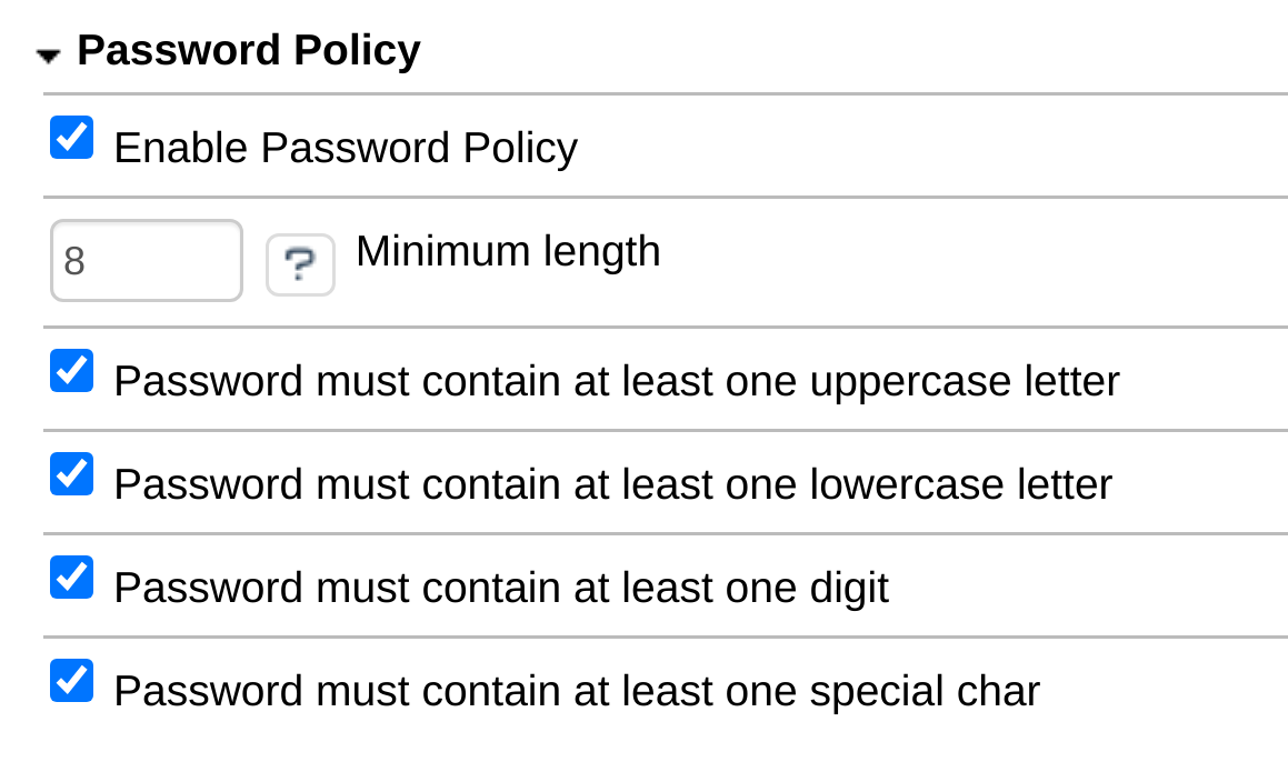 Password policy settings with minimum length and character classes