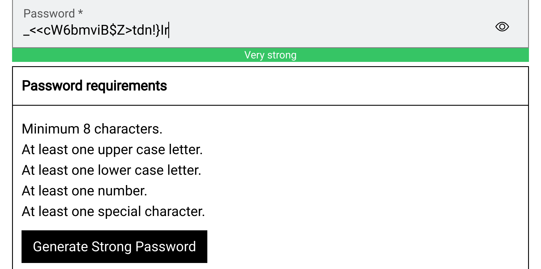 Password field with requirement list, strength bar and generate button