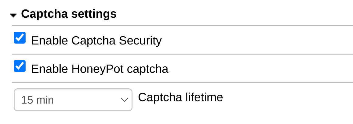 Captcha settings with captcha, honeypot and lifetime options