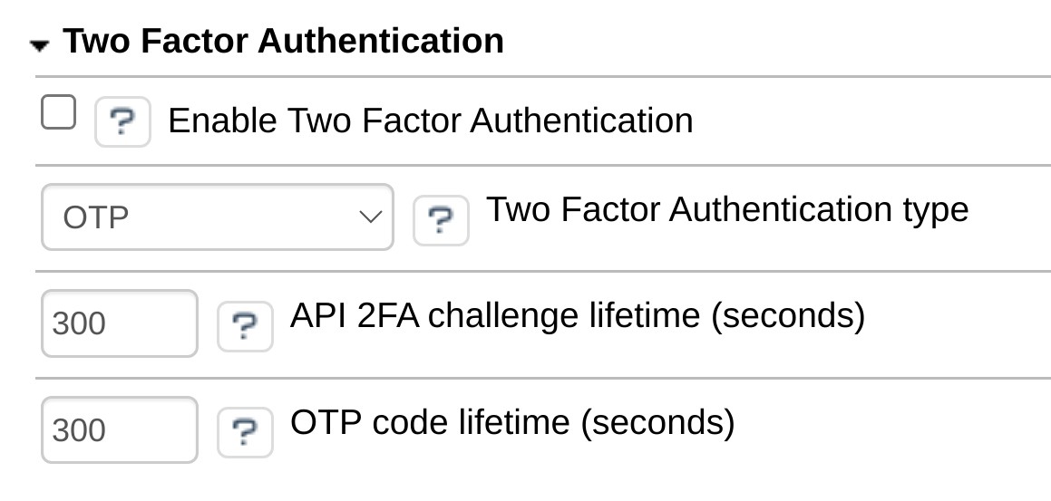 Two-factor authentication settings with master switch and lifetimes